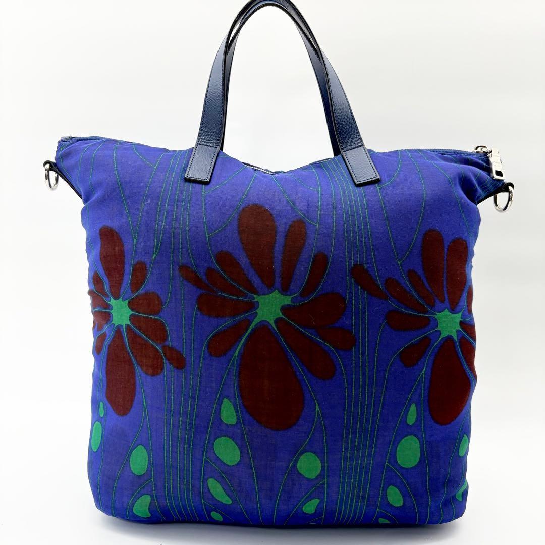 【美品・希少】PRADA　トートバック　花柄　2way　三角ロゴ　A4可　ブルー