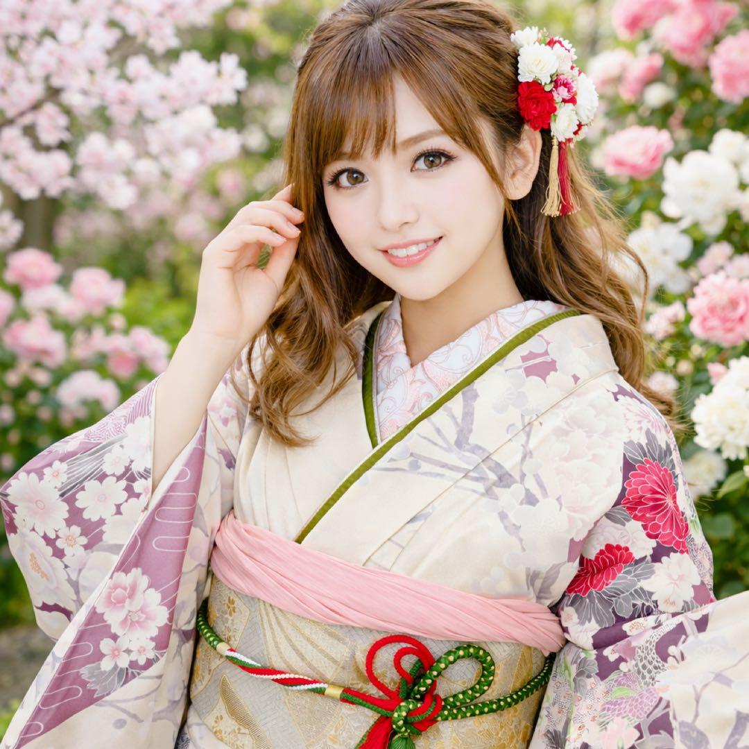 正絹振袖フルセット　牡丹　縁起柄　花柄 ホワイトクリーム色 成人式