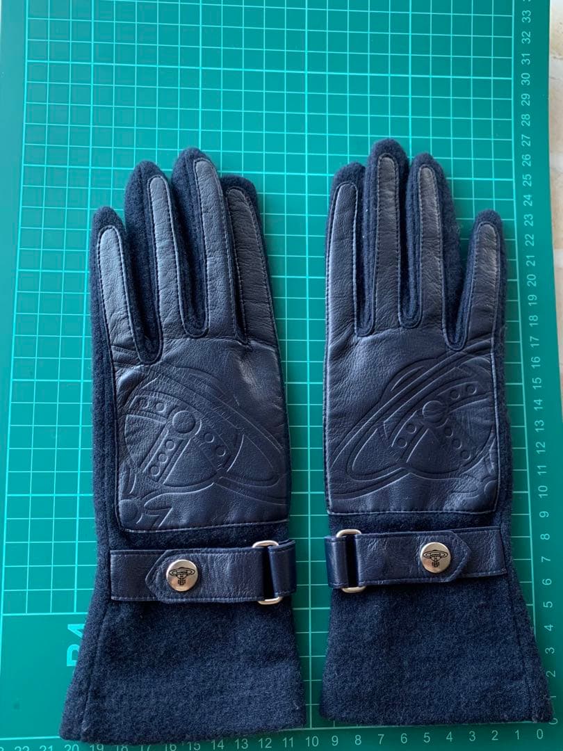 ヴィヴィアンウエストウッド レザー ウール 手袋　濃紺