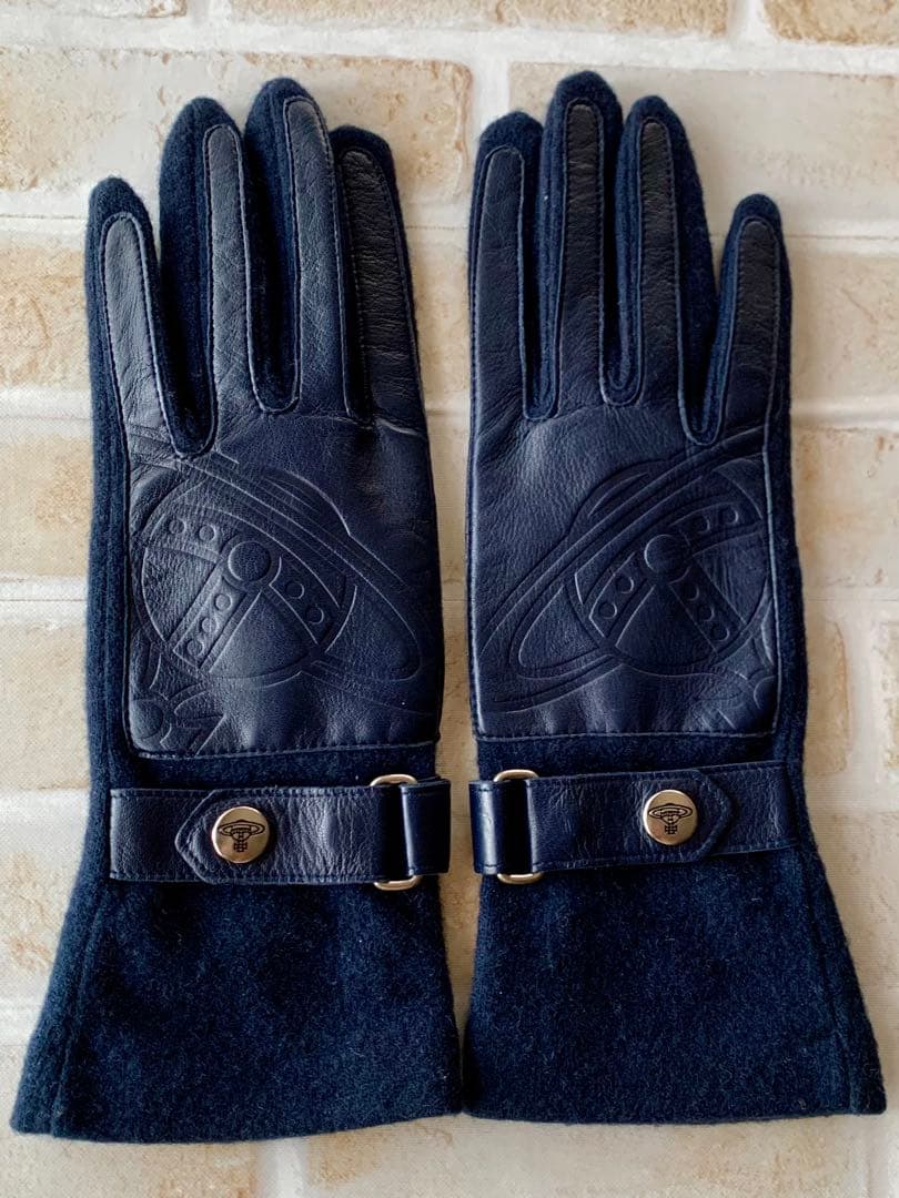 ヴィヴィアンウエストウッド レザー ウール 手袋　濃紺