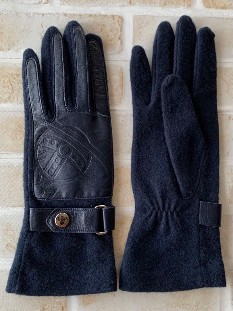 ヴィヴィアンウエストウッド レザー ウール 手袋　濃紺