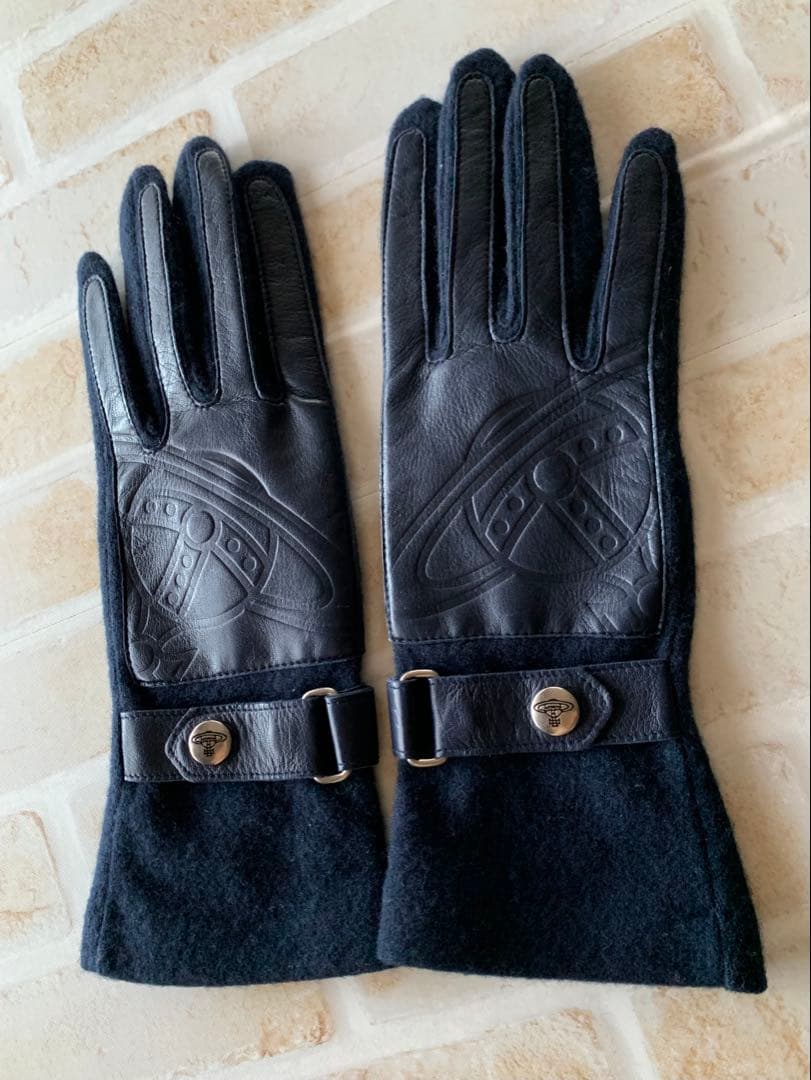 ヴィヴィアンウエストウッド レザー ウール 手袋　濃紺