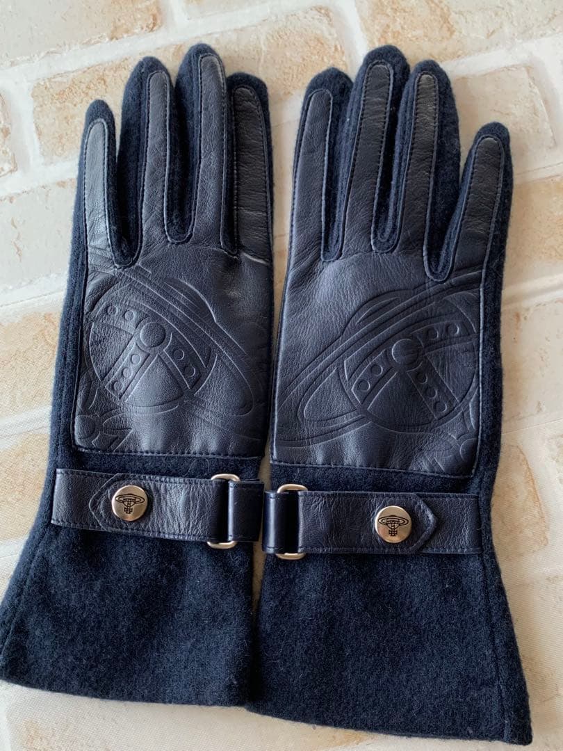ヴィヴィアンウエストウッド レザー ウール 手袋　濃紺