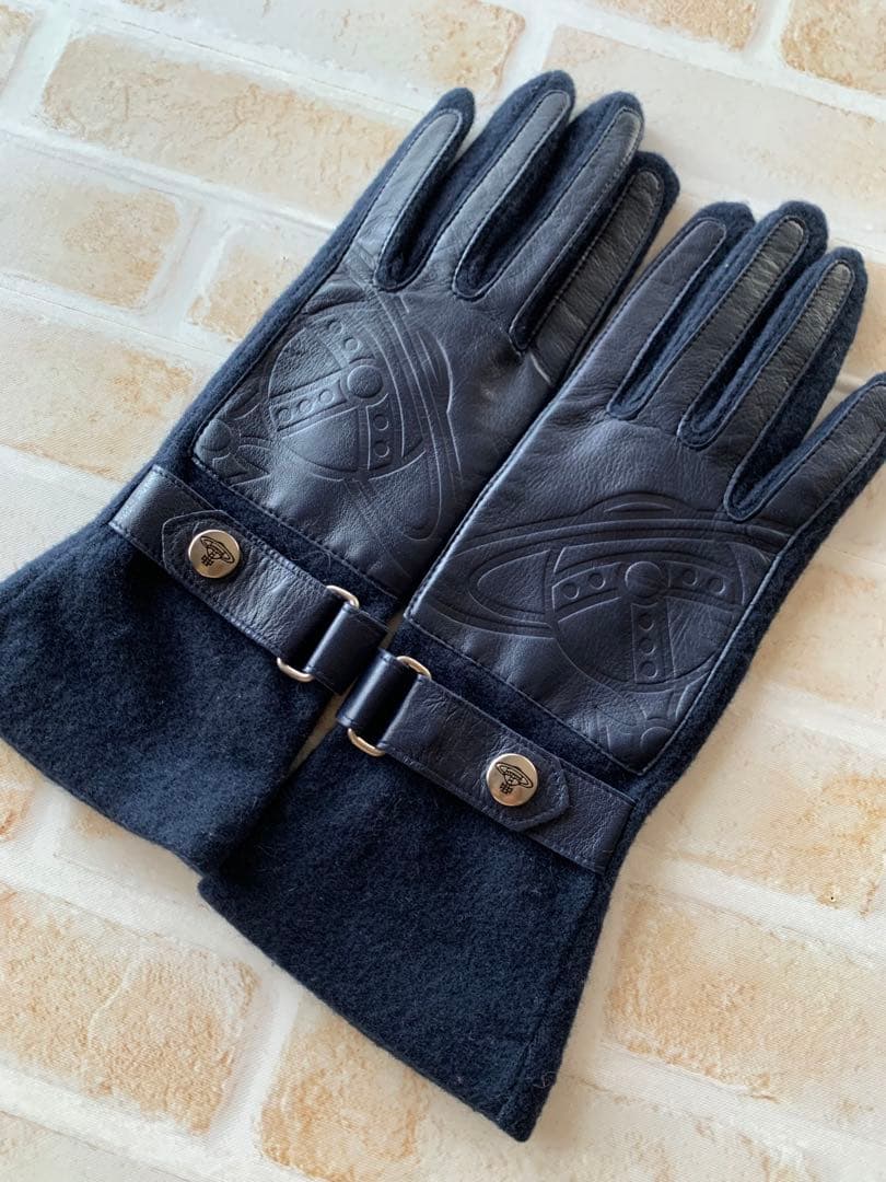 ヴィヴィアンウエストウッド レザー ウール 手袋　濃紺