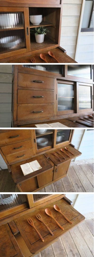 無垢材　モールガラス　水屋箪笥　昭和レトロ