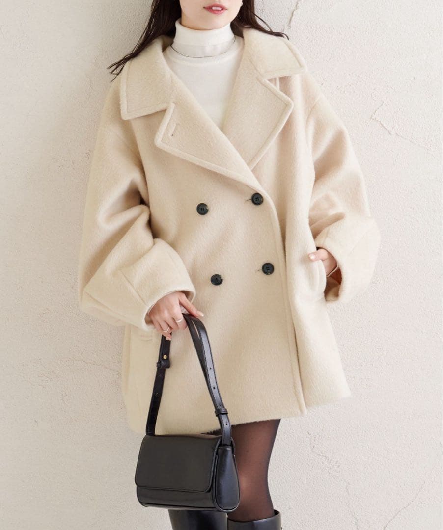 【未使用】 mystic　ウール混シャギーミドルコート　サイズ１　アイボリー