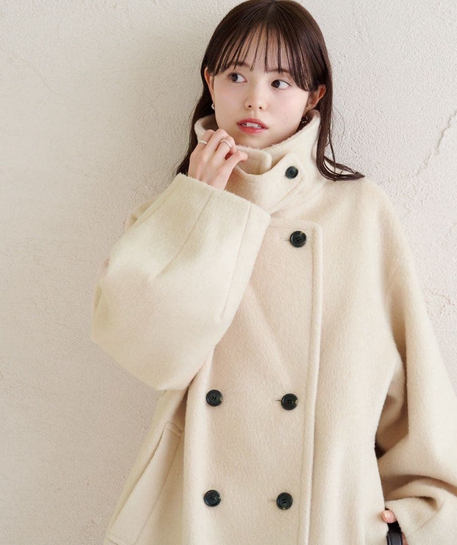 【未使用】 mystic　ウール混シャギーミドルコート　サイズ１　アイボリー