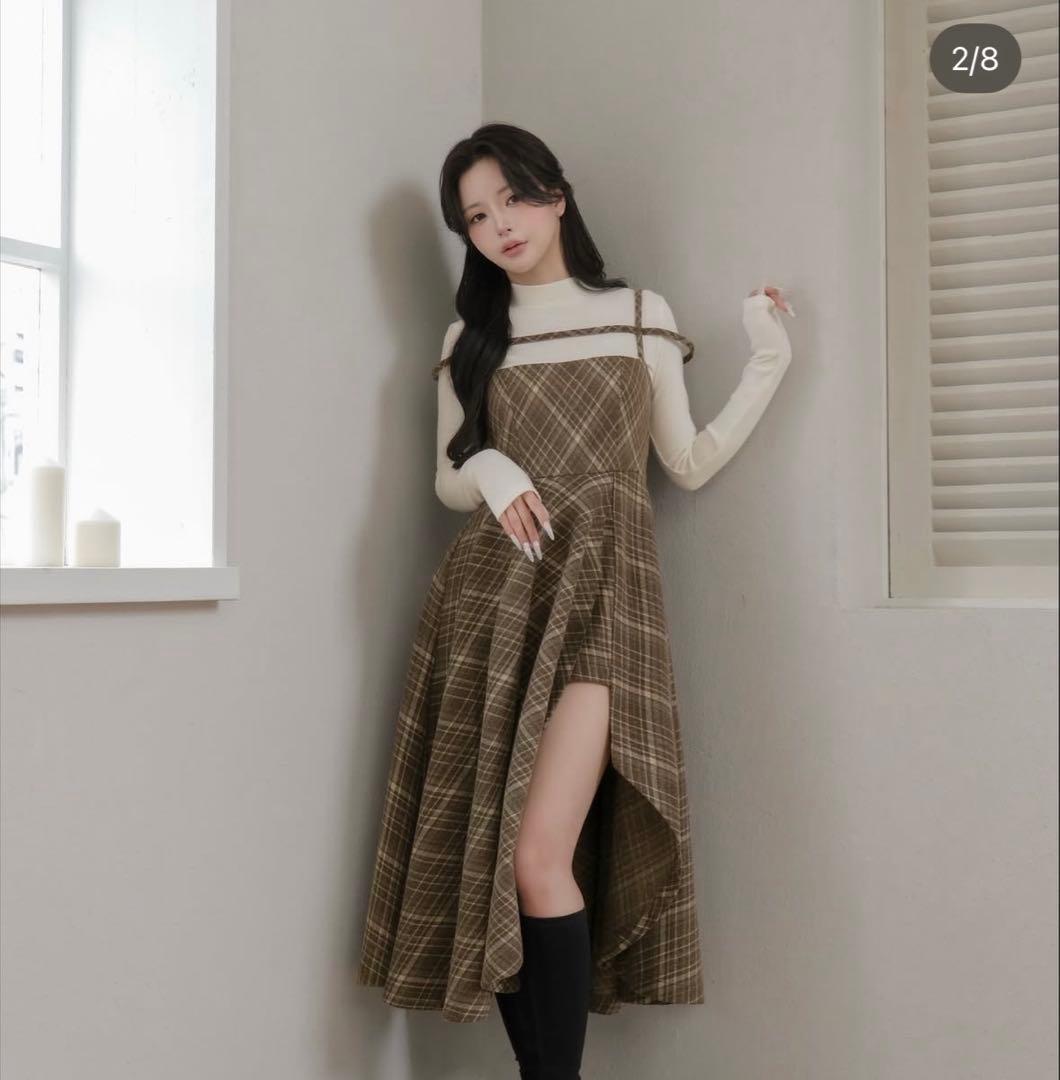 ダーリッチ Darich レイヤードチェックイレヘムミディワンピース ニット