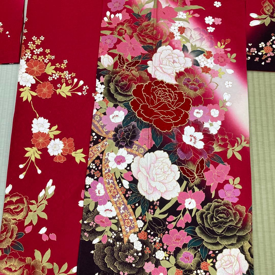 ☆中古品☆振袖　単品　正絹　赤系花模様B級品難あり振袖