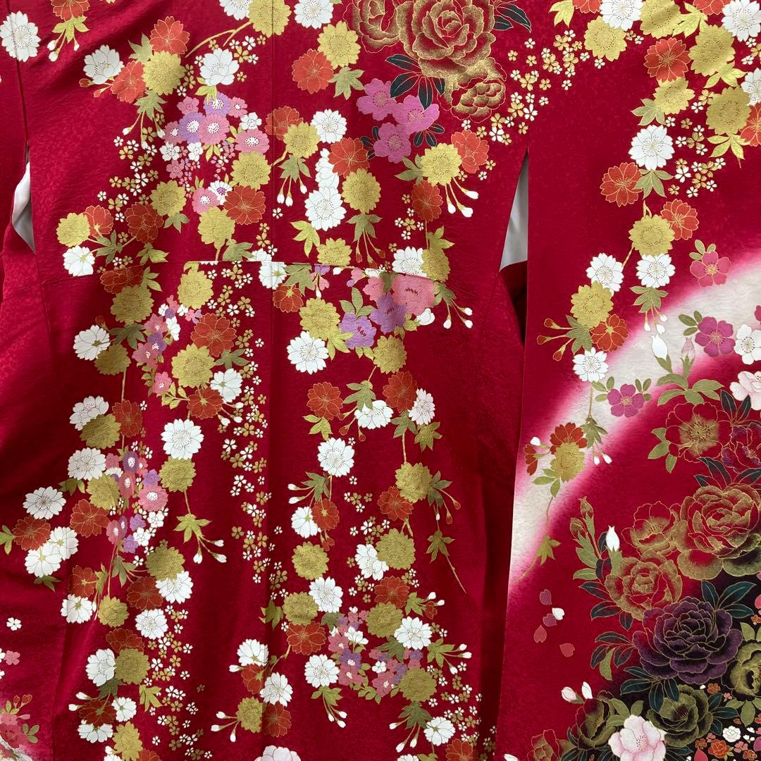 ☆中古品☆振袖　単品　正絹　赤系花模様B級品難あり振袖