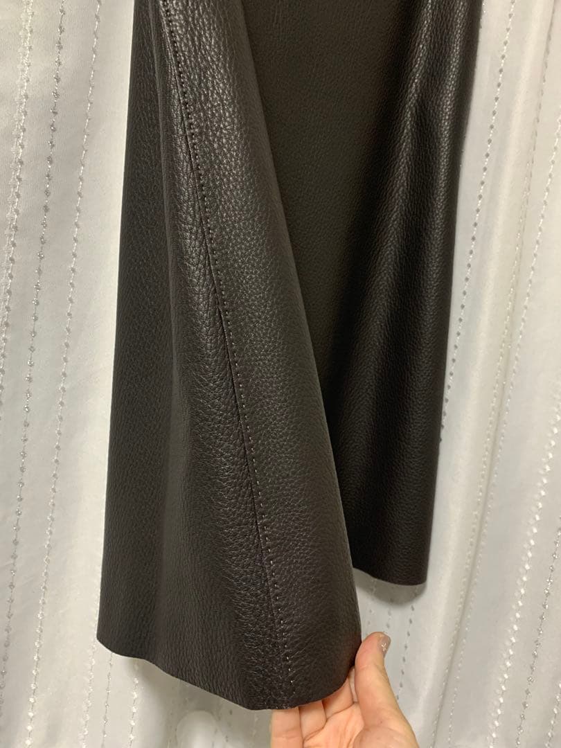 エルメス HERMES ダークブラウン ディアスキンレザー フレアスカート