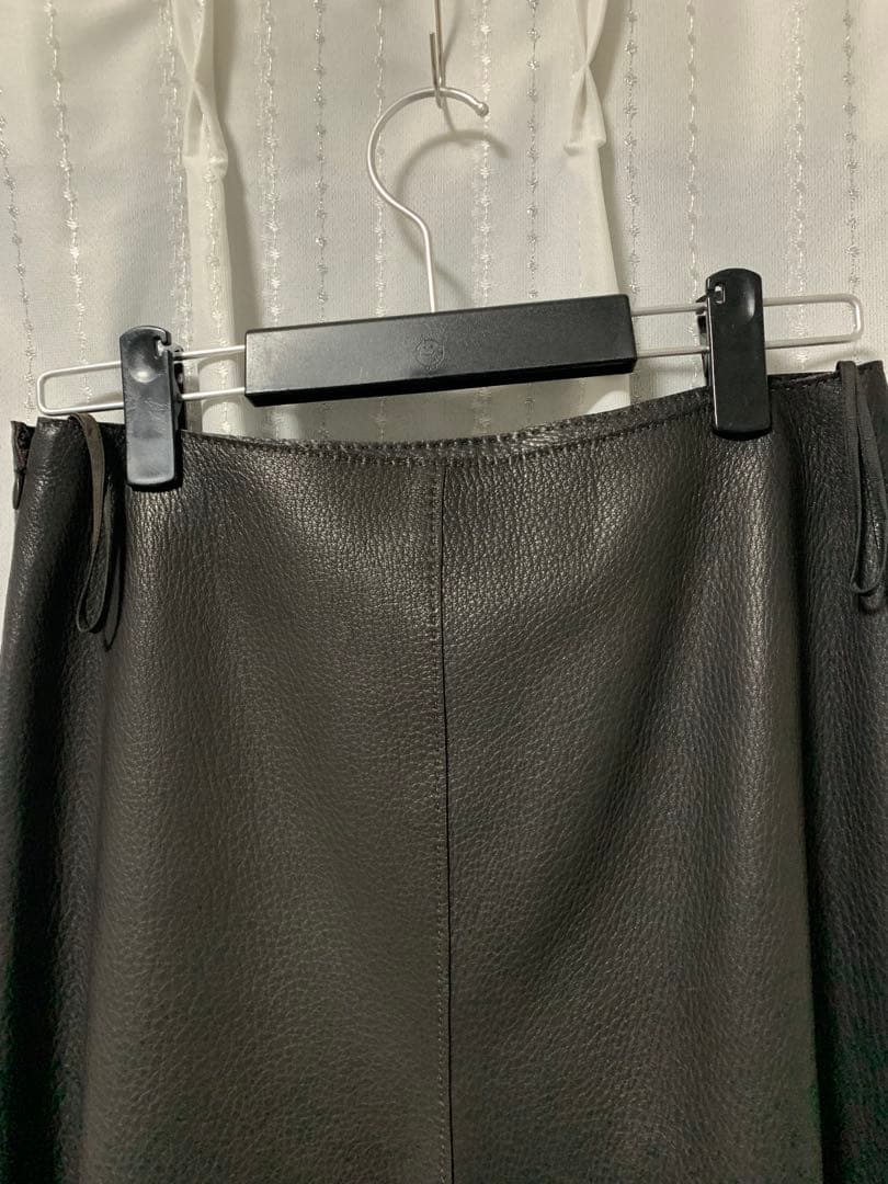 エルメス HERMES ダークブラウン ディアスキンレザー フレアスカート