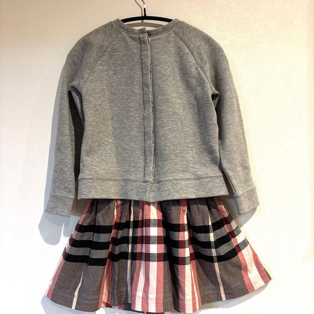 バーバリー チルドレン ワンピース グレー×チェック スウェット切替 140cm