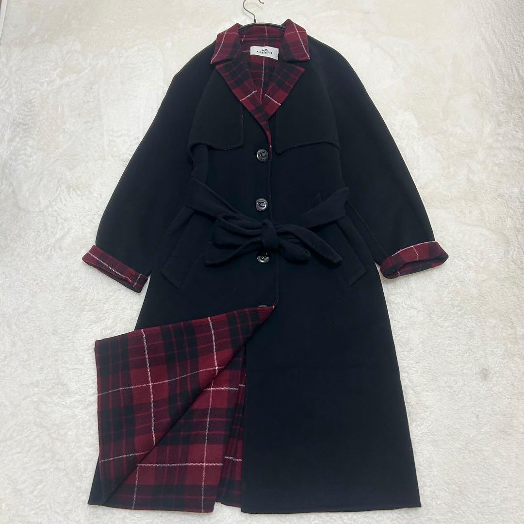 【美品】コーチ ダブルフェイス ロングコート ベルト付き ウール M〜Lサイズ