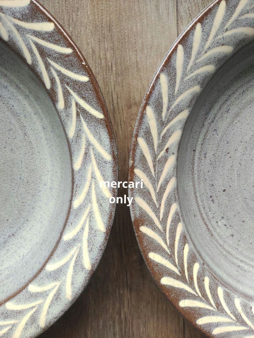 【じゅんさま専用です】薄灰茶　象嵌リーフ深皿26.5cm2枚・湯のみ二つ