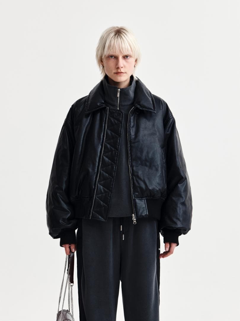 Matin Kim FAUX LEATHER DOWN JUMPER 黒　韓国