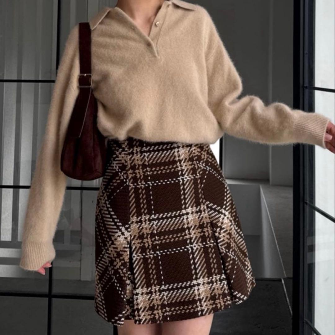 SNIDEL Sustainableロービングチェックミニスカート ブラウン