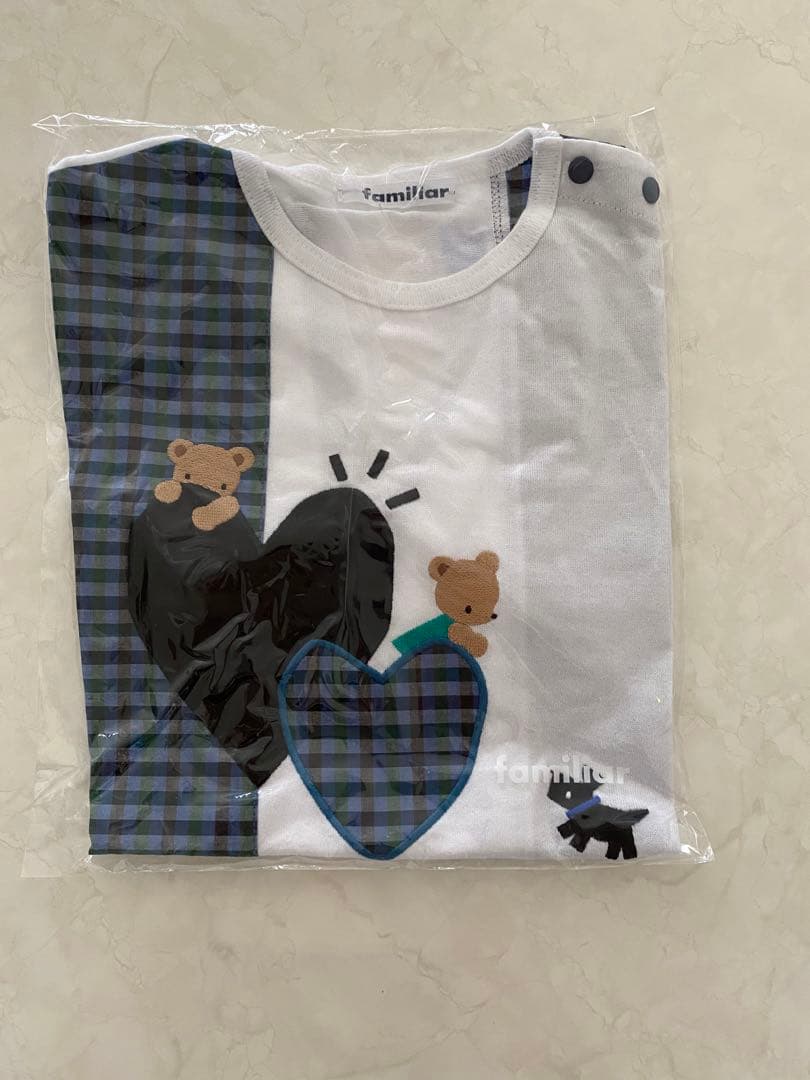 ファミリアfamilia チェック✖️ホワイト切り替えハートモチーフTシャツ