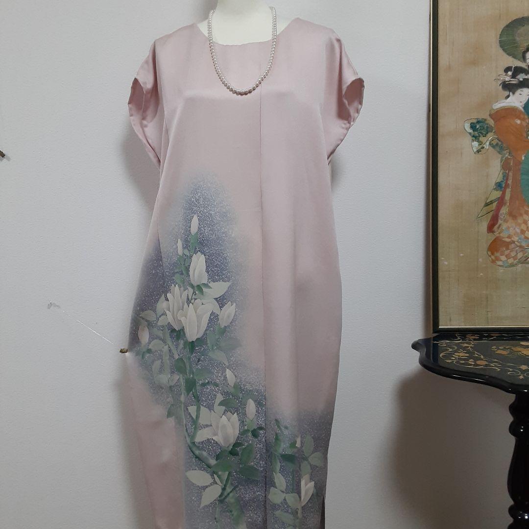 リメイク着物ロングワンピースボレロ付き正絹Ｌ着丈115センチ