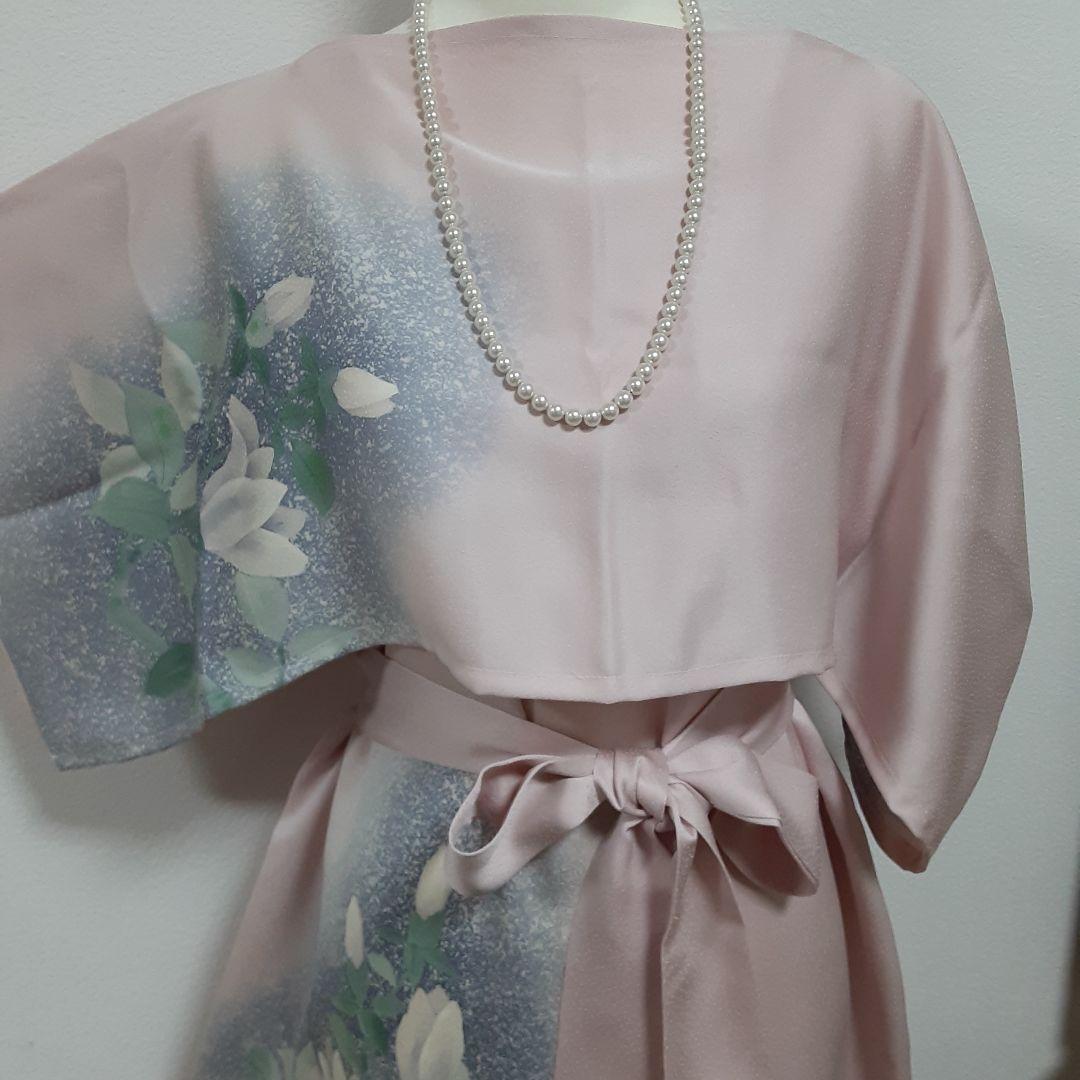リメイク着物ロングワンピースボレロ付き正絹Ｌ着丈115センチ