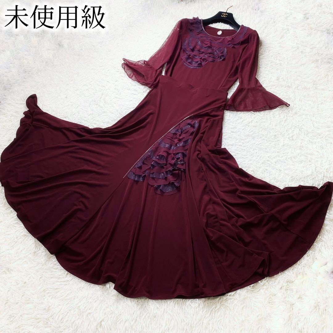 4極美品 社交ダンス フラメンコドレス スカートセットアップ バラモチーフ 赤