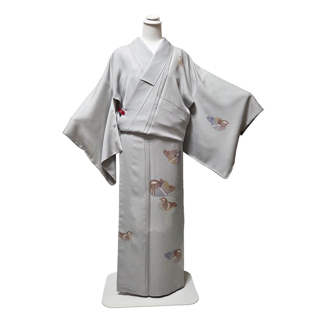 付下げ 裄丈68.5 鴛鴦 おしどり 落款 三良 丹後ちりめん 白鼠ぼかし 桜