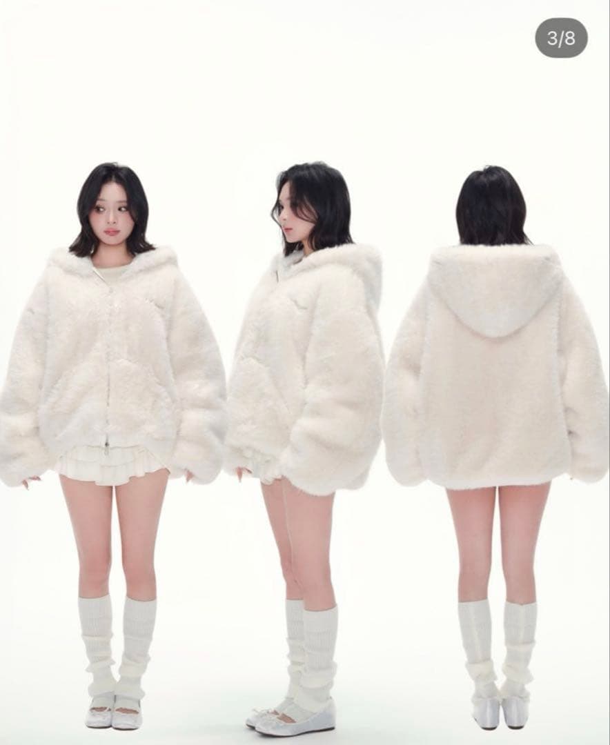 新品andwang Kirakira 2way fur zip up white