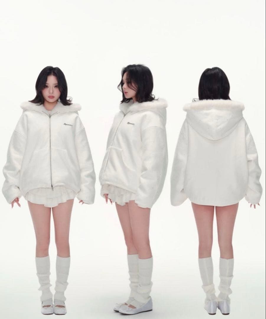 新品andwang Kirakira 2way fur zip up white