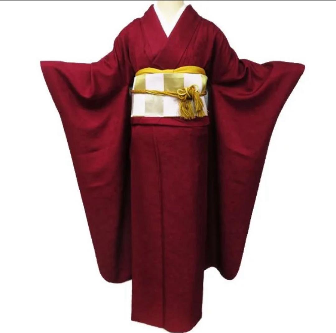 無地　振袖 着物 ワインレッド　赤