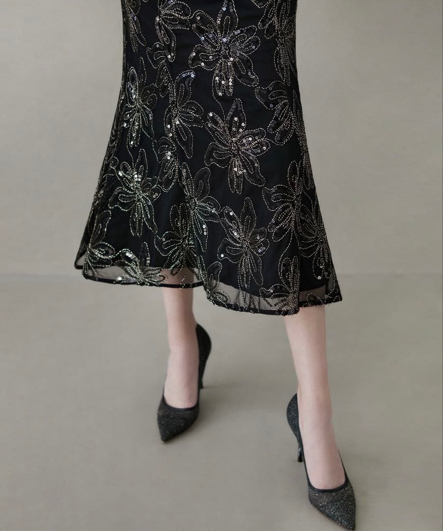 【Laja】スパンコールリボンチュールワンピースドレス