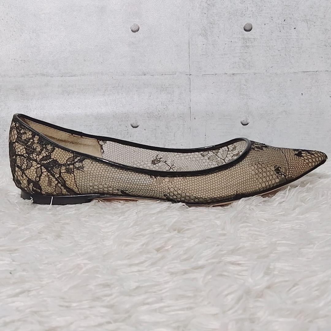 【美品 36】ジミーチュウ　フラットシューズ　パンプス　レース　ポインテッドトゥ