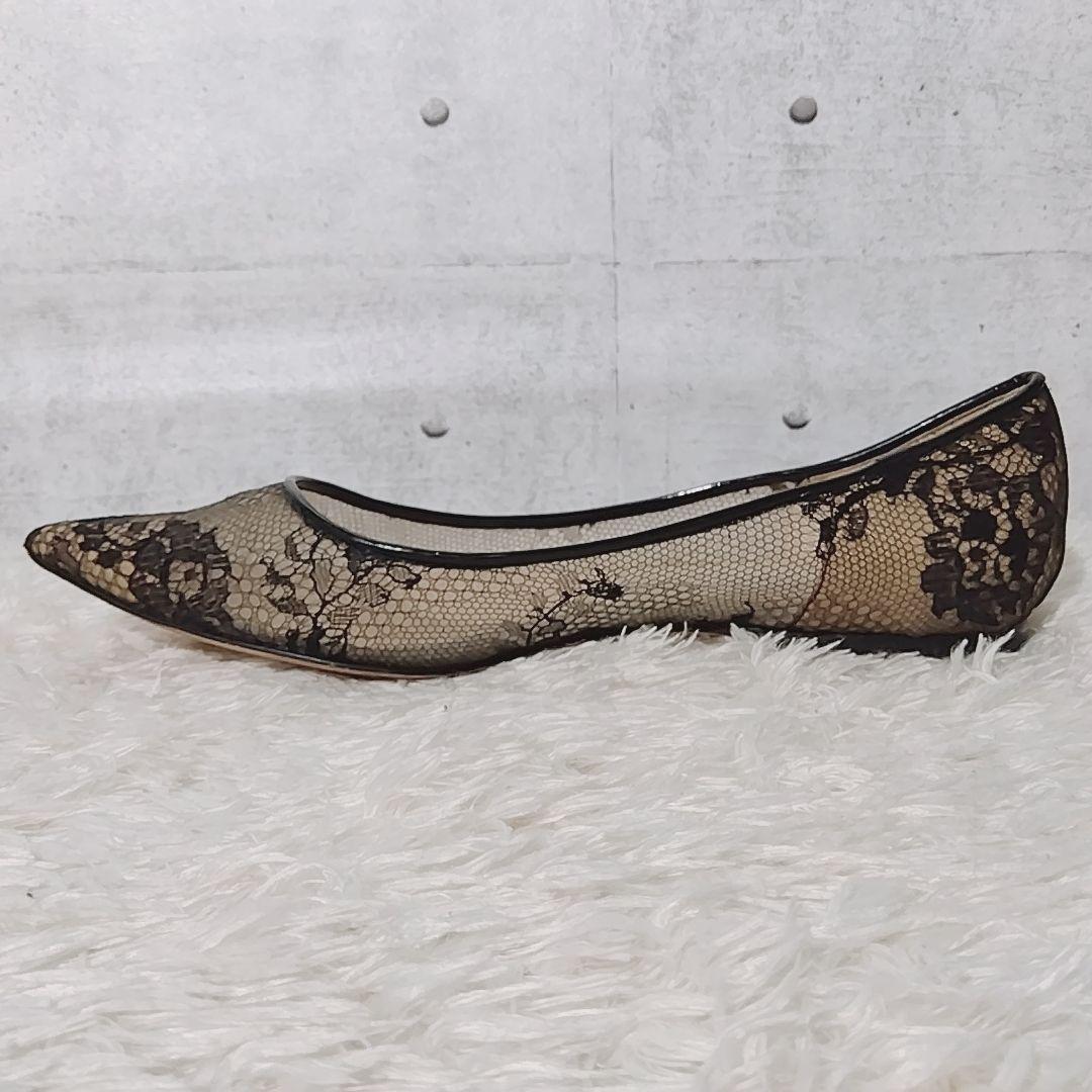 【美品 36】ジミーチュウ　フラットシューズ　パンプス　レース　ポインテッドトゥ