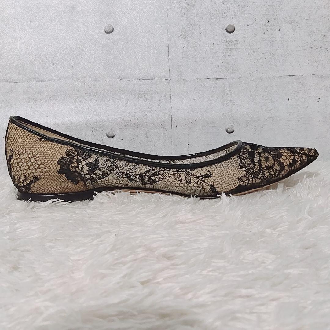 【美品 36】ジミーチュウ　フラットシューズ　パンプス　レース　ポインテッドトゥ