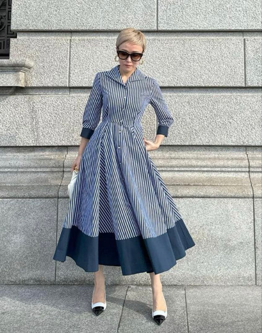 JENNEシャープ配色ワンピースMネイビー