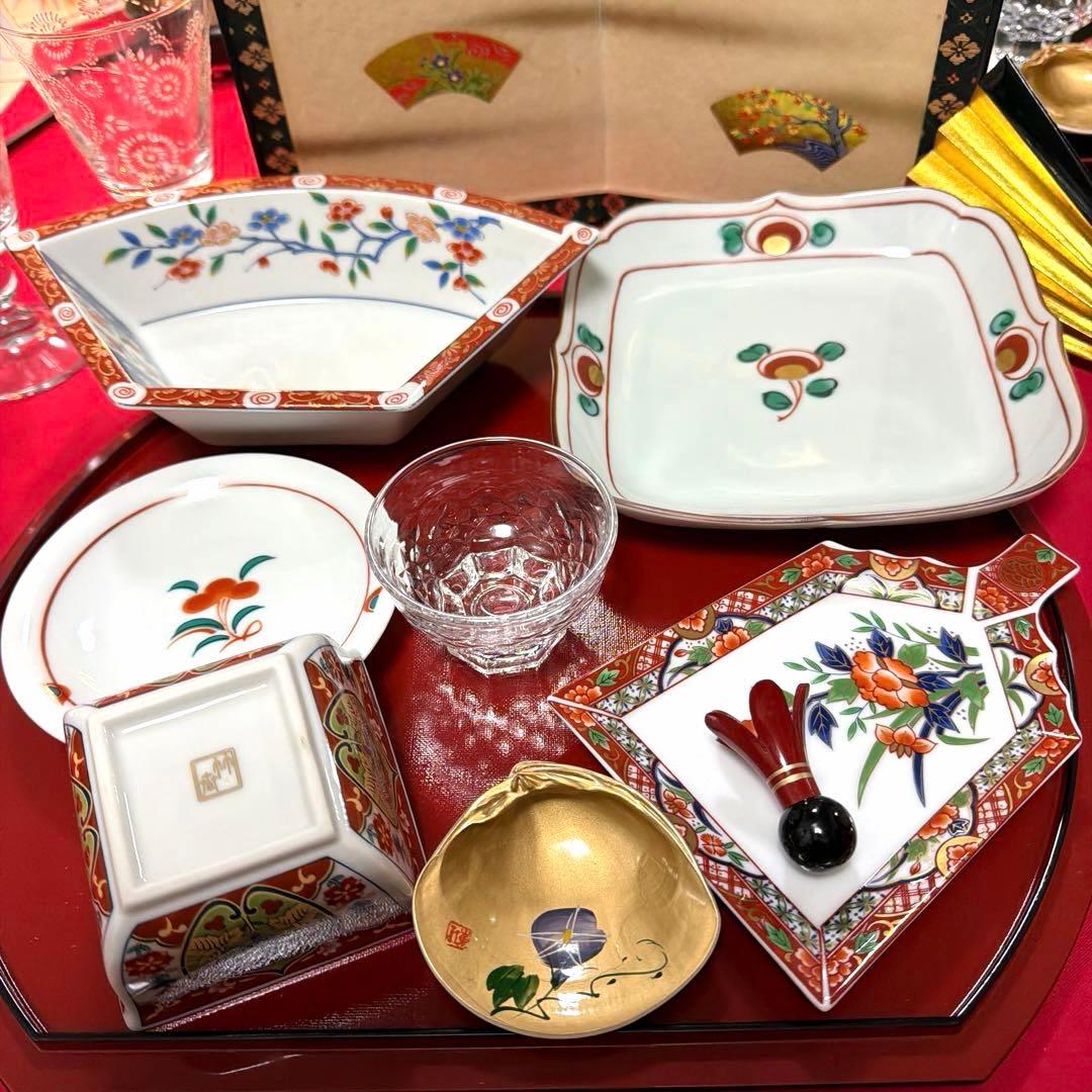 蘭子❀.*・゜ たち吉赤絵金彩角皿　庫山窯羽子板皿　No.4-24