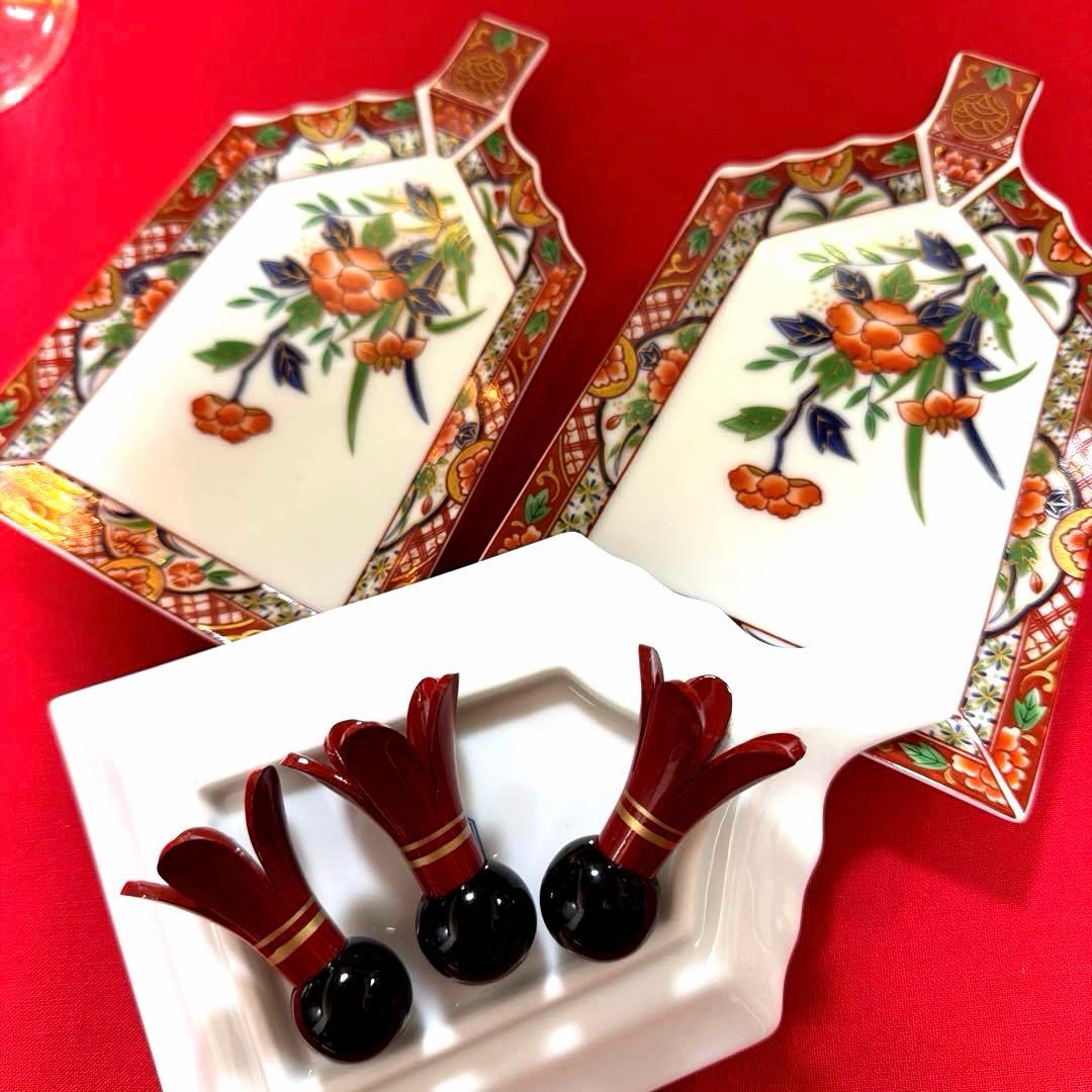 蘭子❀.*・゜ たち吉赤絵金彩角皿　庫山窯羽子板皿　No.4-24