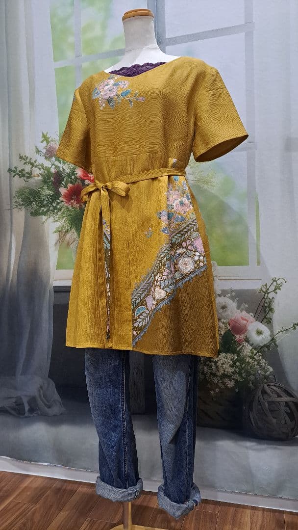 着物　リメイク　ワンピース　チュニック　辻ヶ花　正絹　ハンドメイド