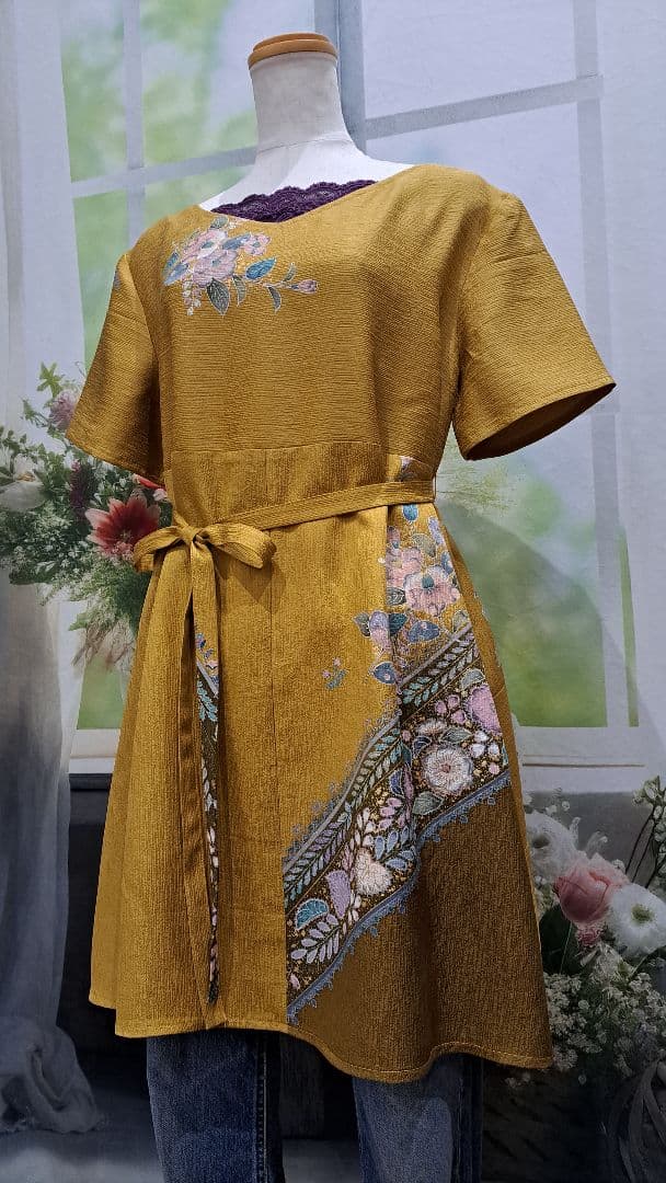 着物　リメイク　ワンピース　チュニック　辻ヶ花　正絹　ハンドメイド