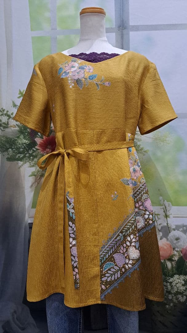 着物　リメイク　ワンピース　チュニック　辻ヶ花　正絹　ハンドメイド