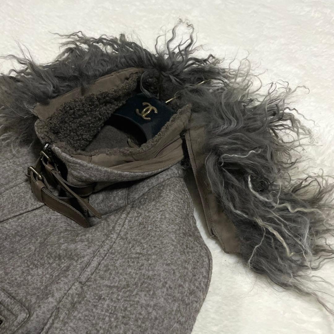 希少● ブルネロクチネリ ロングコート ファー ムートン 切替 ウール グレー