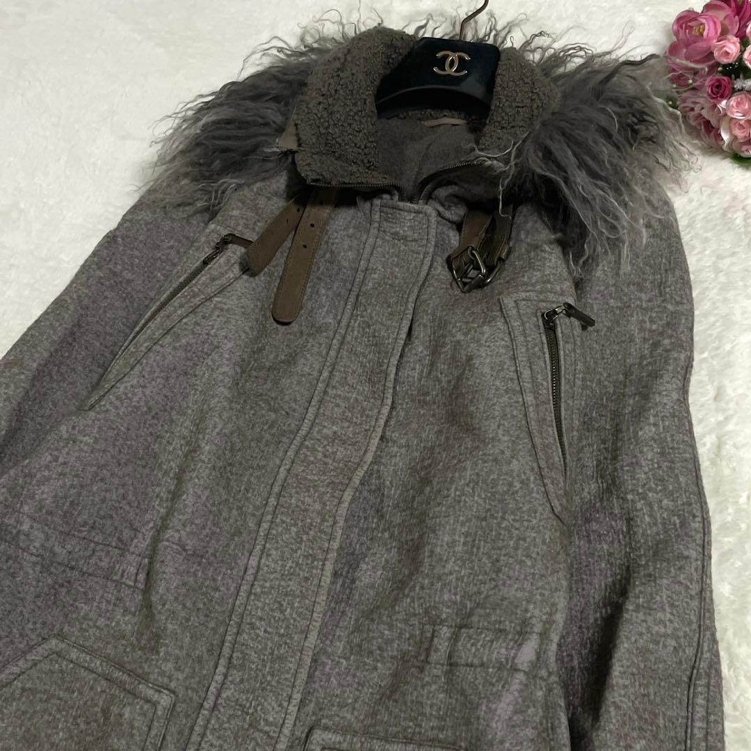 希少● ブルネロクチネリ ロングコート ファー ムートン 切替 ウール グレー