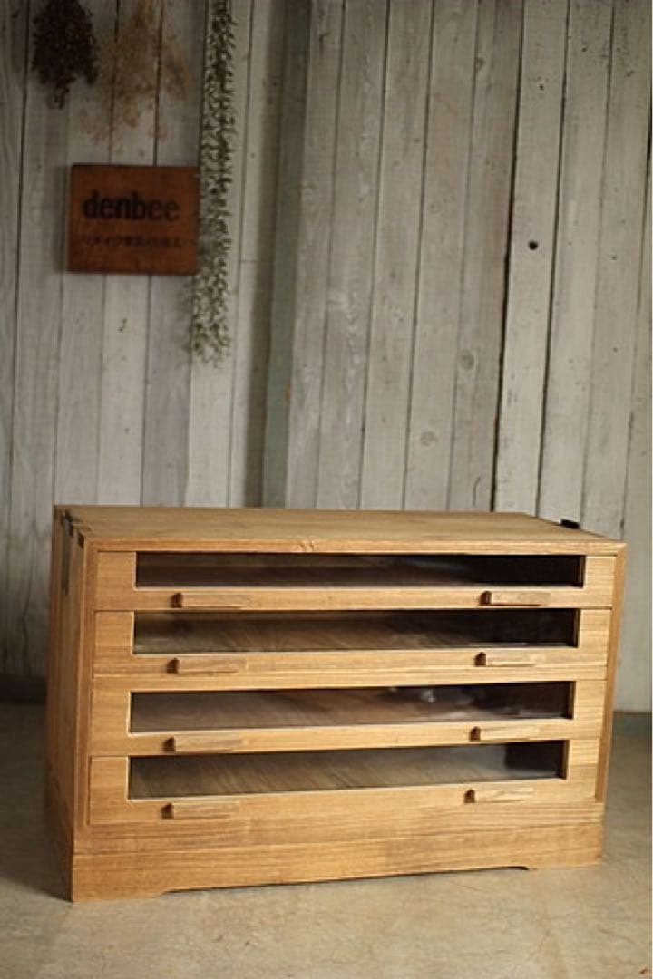 古い前面ガラスの引き出し4段　カトラリー収納　食器棚　シャツケース　古家具