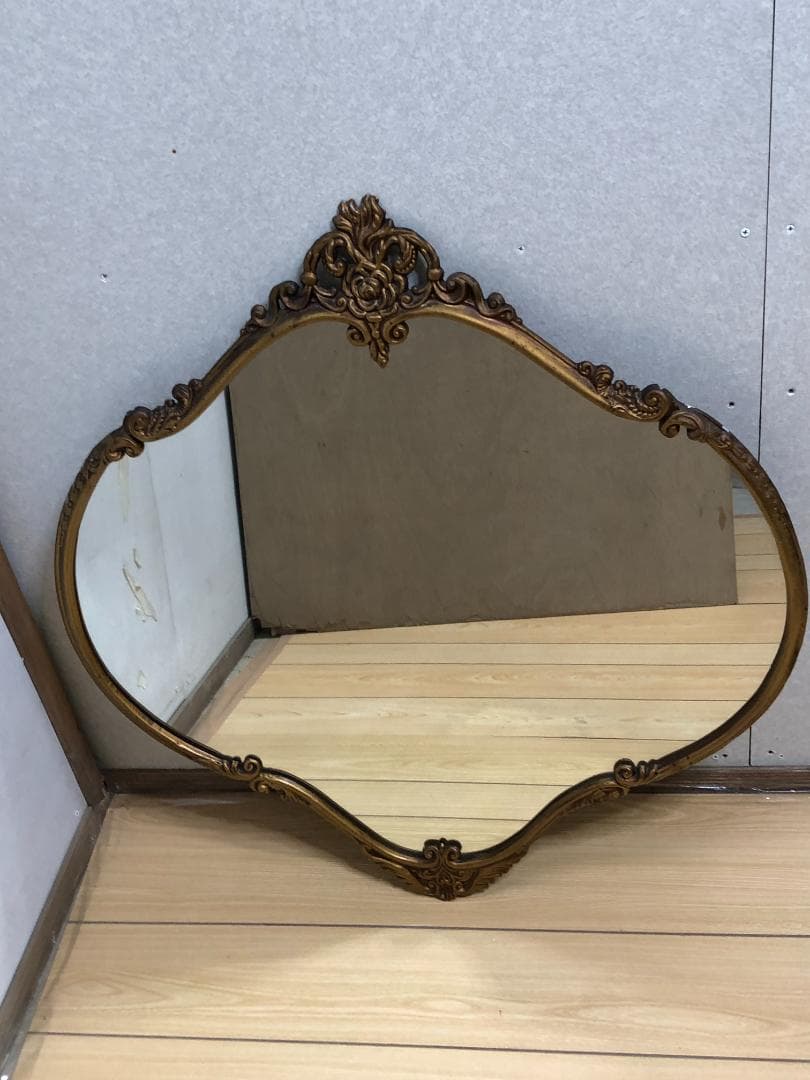 イタリア製 ロココ調 オーバル形 アンティーク加工 玄関鏡　250412-4