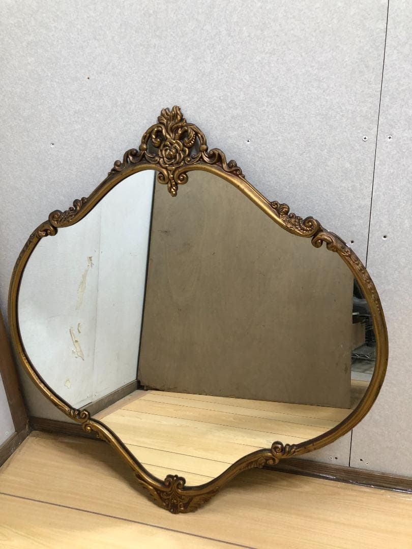イタリア製 ロココ調 オーバル形 アンティーク加工 玄関鏡　250412-4