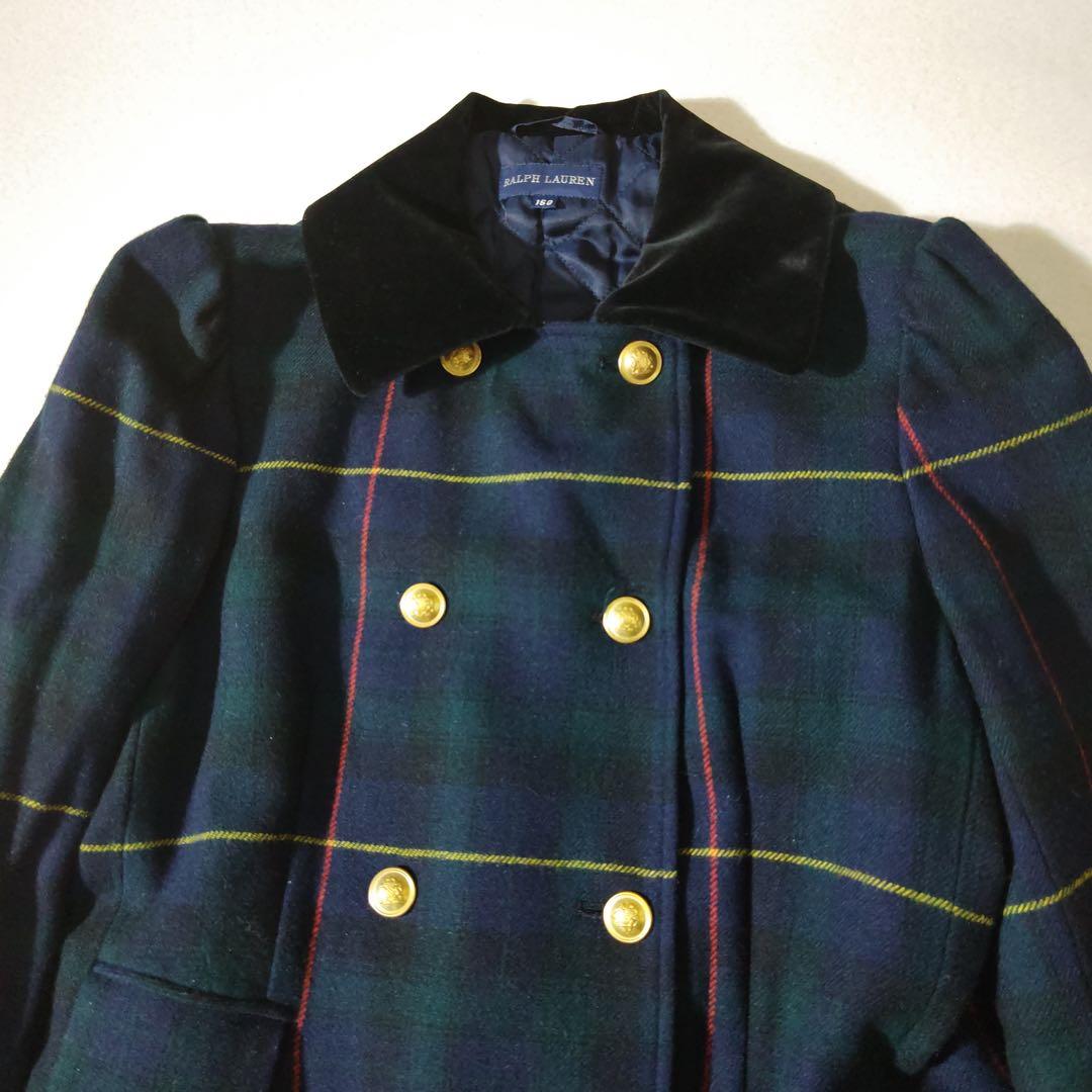 ラルフローレン　チェスターコート　金ボタン　チェック柄　深緑　裏地キルティング
