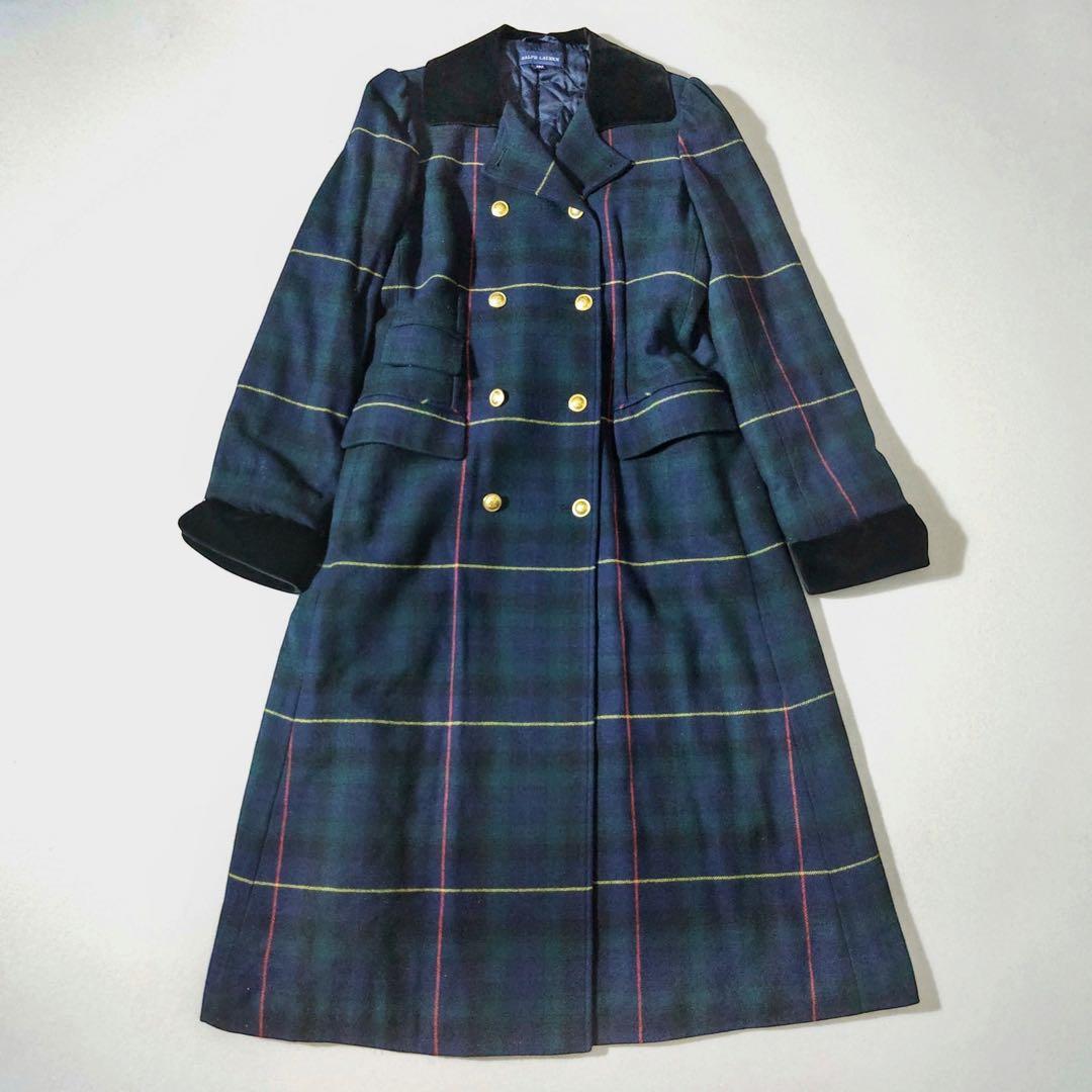 ラルフローレン　チェスターコート　金ボタン　チェック柄　深緑　裏地キルティング