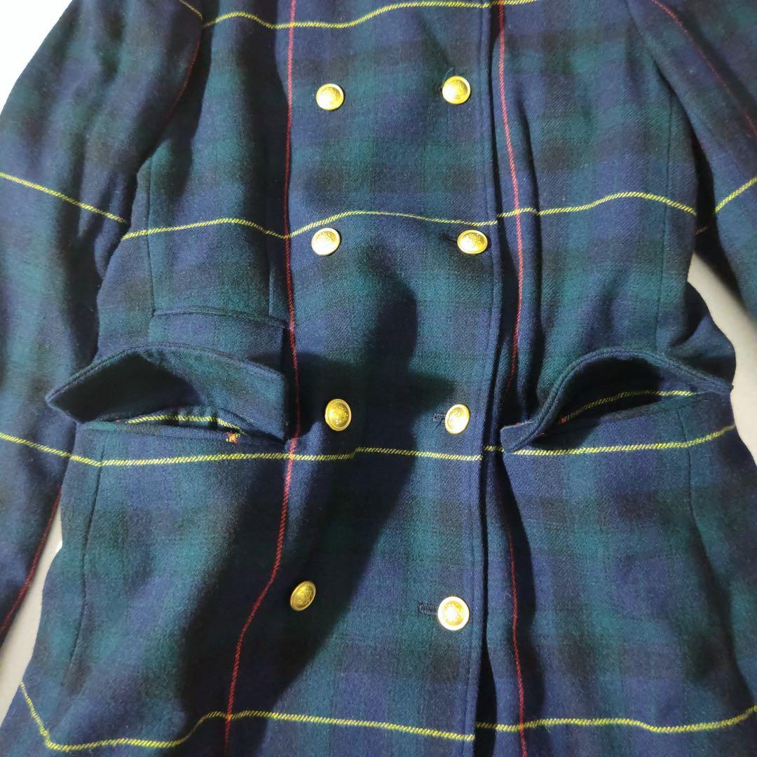 ラルフローレン　チェスターコート　金ボタン　チェック柄　深緑　裏地キルティング