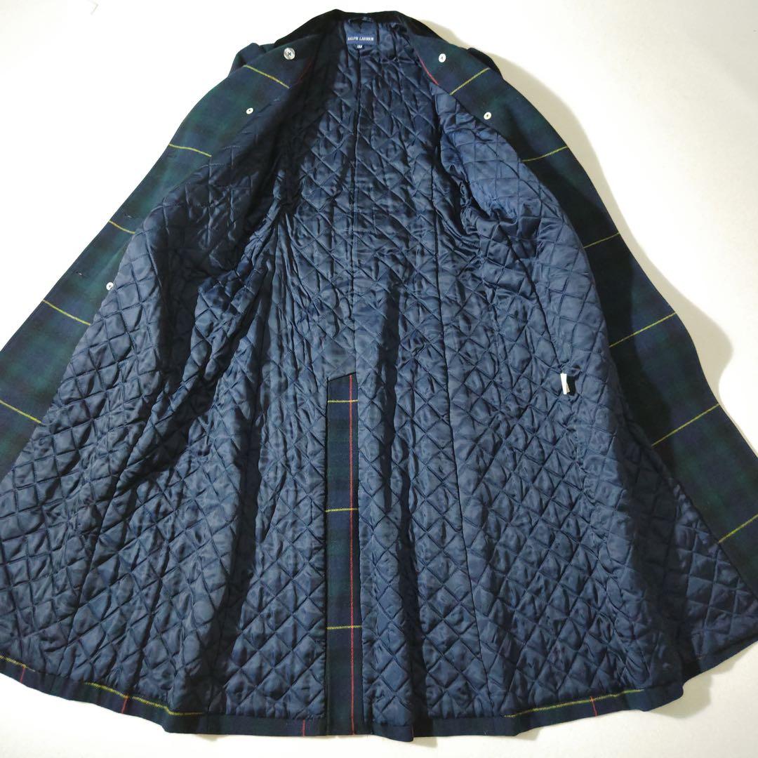 ラルフローレン　チェスターコート　金ボタン　チェック柄　深緑　裏地キルティング