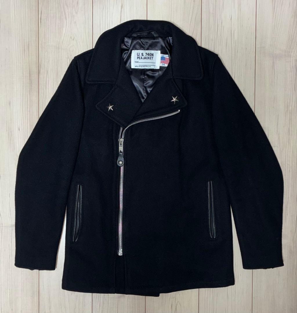 34 良品 Schott 769N ライダースPコート 黒 銀 ライダースコート