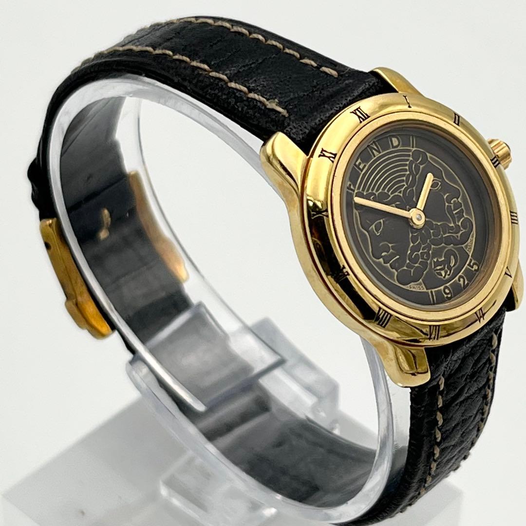 稼動 FENDI 800L ローマン ゴールドベゼル レザーベルト 腕時計